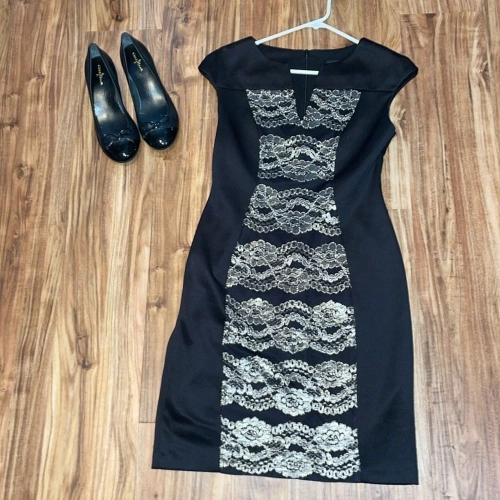 Connected apparel womens dress 6 small sleeveless sheath black gold lace stretch